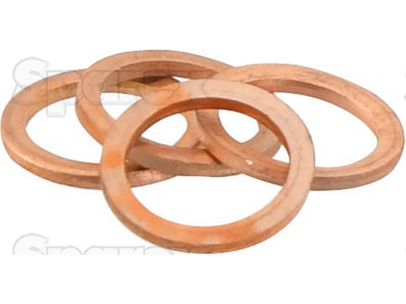 Four copper washers stacked in an overlapping arrangement on a white background, similar to the Sparex Injector Nozzle Washer (Part No.S.145040) used in Ford New Holland vehicles.