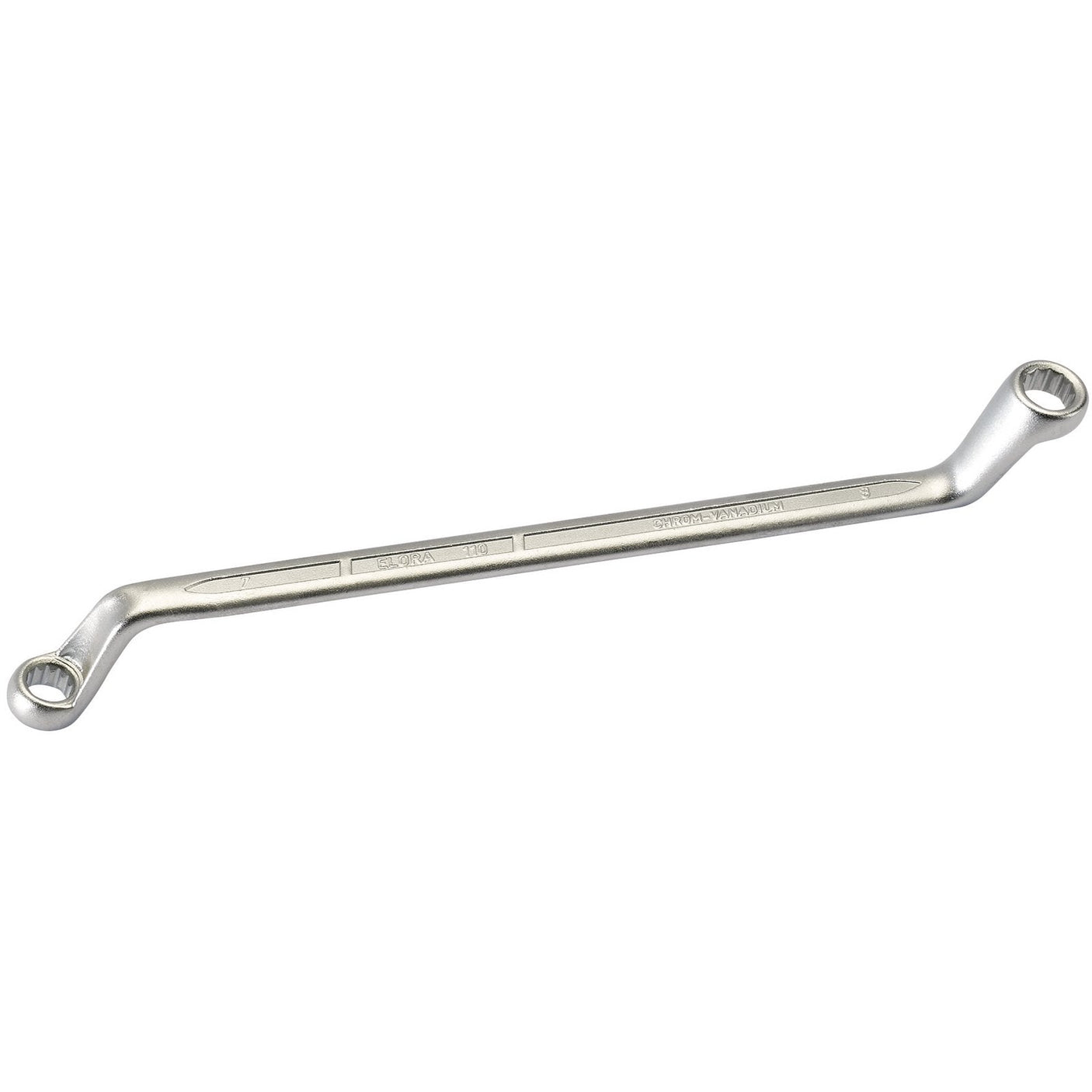 The Draper Elora Deep Crank Metric Ring Spanner, 7 X 8mm - 110-7x8, is a double-ended offset box wrench featuring durable chrome vanadium steel construction with ring ends, crafted to DIN 838/ISO 3318 standards. One end is slightly bent upwards and the other downwards for optimal torque.