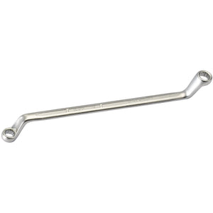 The Draper Elora Deep Crank Metric Ring Spanner, 7 X 8mm - 110-7x8, is a double-ended offset box wrench featuring durable chrome vanadium steel construction with ring ends, crafted to DIN 838/ISO 3318 standards. One end is slightly bent upwards and the other downwards for optimal torque.