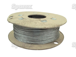 A cardboard reel with a spool of Sparex Wire Rope With Steel Core in galvanized steel, featuring 7x7 strands and measuring Ø2mm x 220M (Sparex Part Number: S.14542).