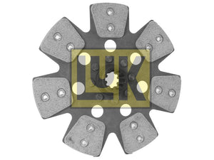 The Sparex Clutch Plate (Sparex Part Number: S.145609) is a metal industrial component with six gray Cerametallic lining friction pads and bolts forming a star-like shape. The center, showcasing 10 splines, has a circular hole. Overlaid on the image is a yellow "LUK" logo.