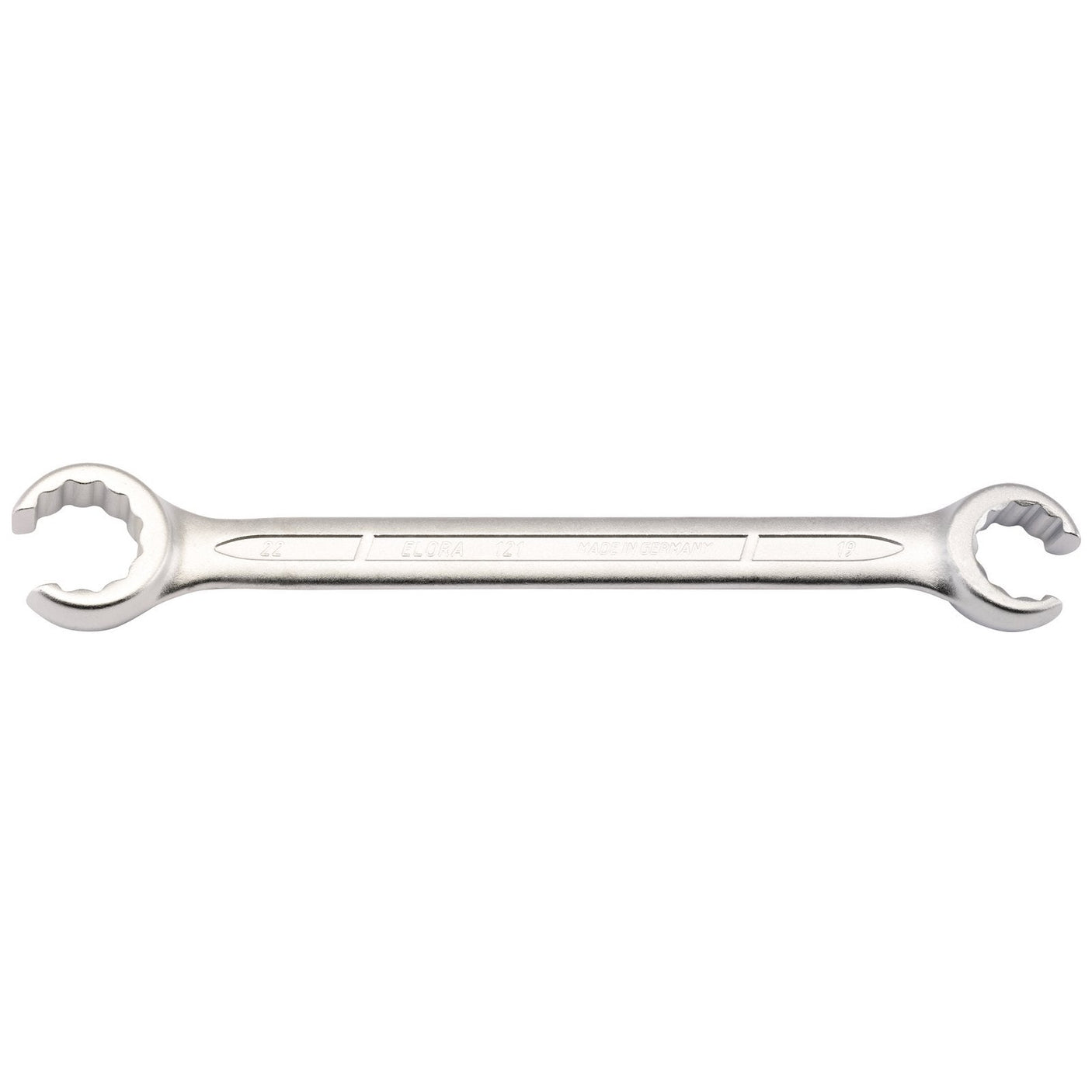 The Draper Elora Metric Flare Nut Spanner, 19 X 22mm - 121-19x22, is a double-ended tool featuring open, hexagonal grips on both ends and is crafted from durable chrome vanadium steel, ideal for tightening and loosening compression nuts.