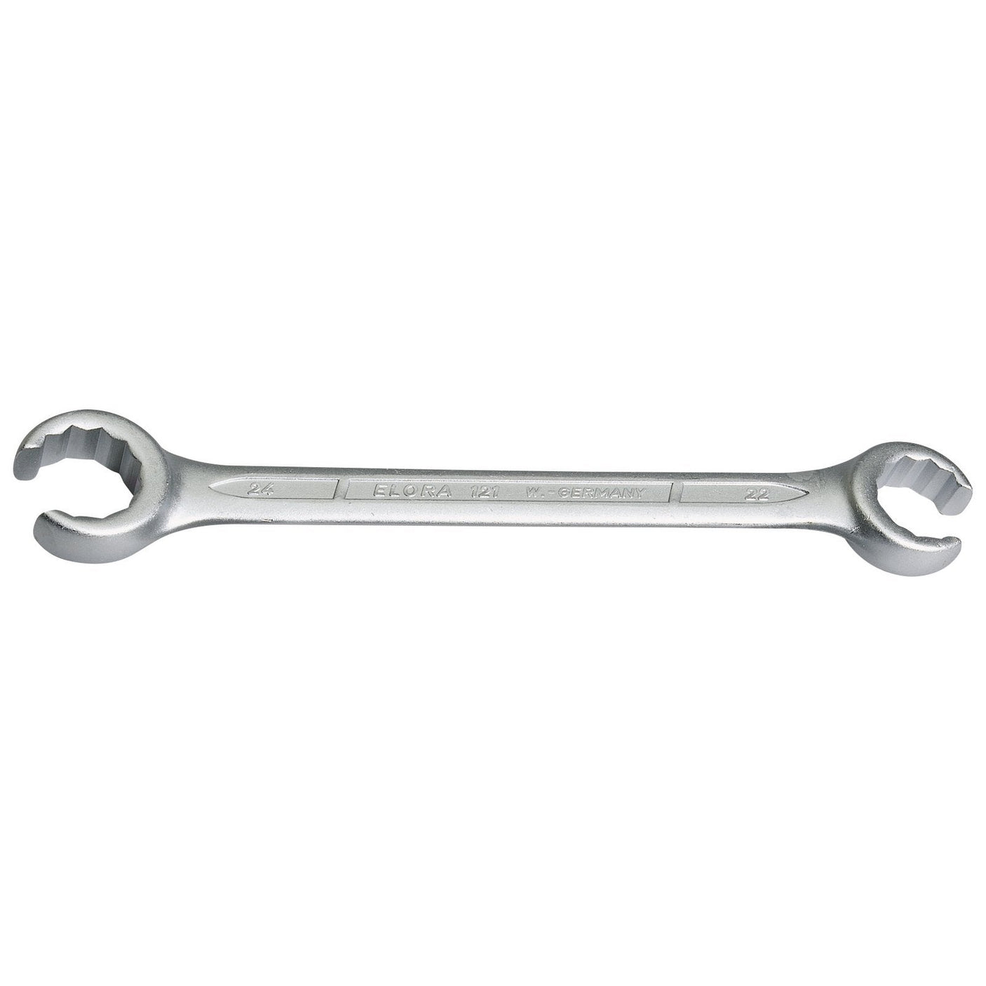 The Draper Elora Metric Flare Nut Spanner, 24 X 27mm - 121-24x27, a double-ended open socket wrench made from durable chrome vanadium steel with engraved metric measurements, is ideal for working with compression nuts in hydraulic systems.