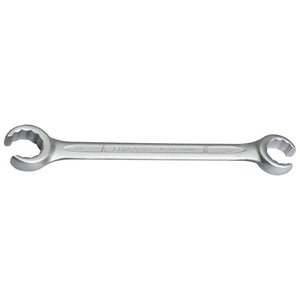 A double open-end wrench with 12-point ends, designed for gripping and turning nuts and bolts, including compression nuts. Crafted from durable chrome vanadium steel and stamped with "Draper Elora Metric Flare Nut Spanner, 22 X 24mm - 121-22x24" along with other specifications, it meets stringent DIN 3118 standards.