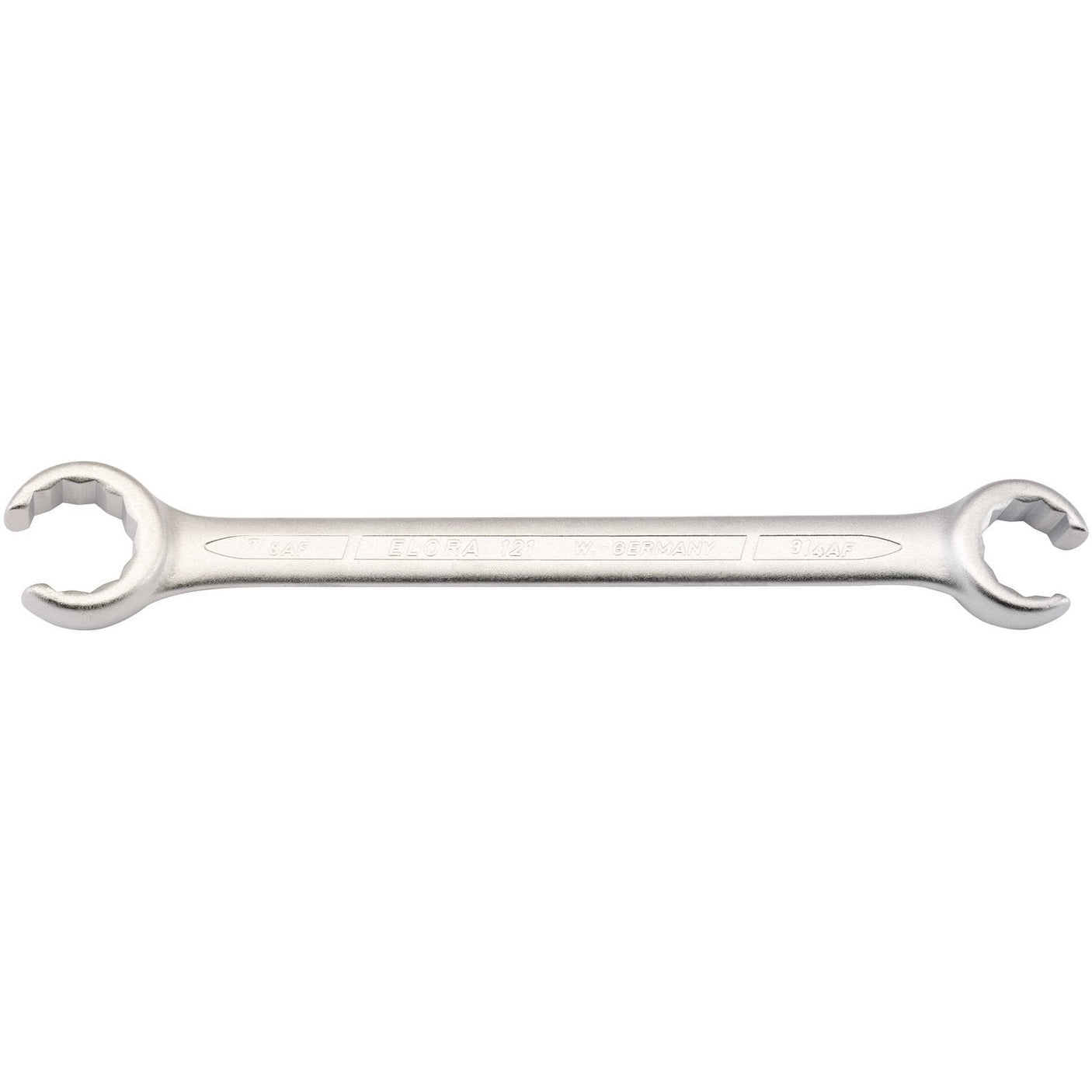 The Draper Elora Imperial Flare Nut Spanner, 3/4 X 7/8" - 121A-3/4x7/8, is a double-ended open-jaw wrench made of chrome vanadium steel. The tool features specific size measurements engraved on its flat center surface and is perfect for working with compression nuts.