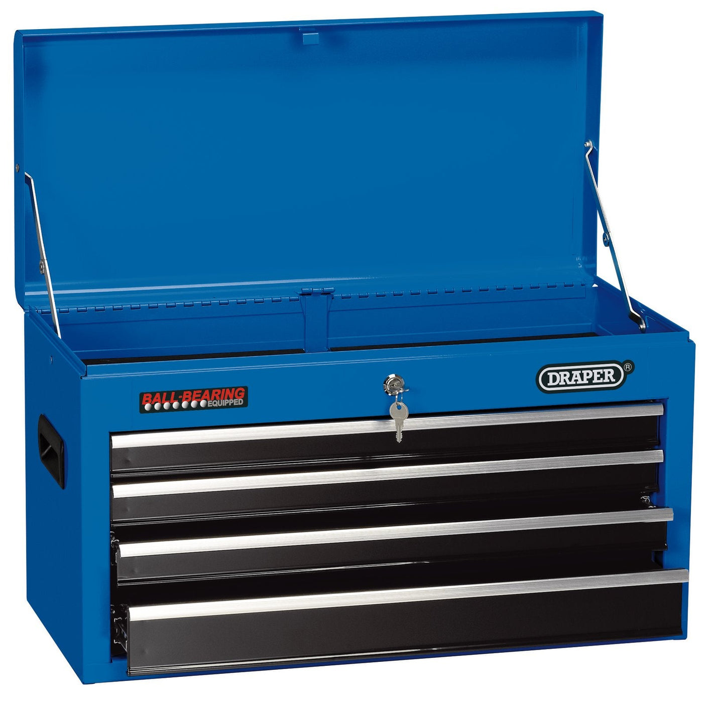 The Draper Tool Chest, 4 Drawer, 26", Blue - TC4D features an open lid, ball-bearing runners for smooth drawer operation, a secure integral locking system in the center, and side handles.