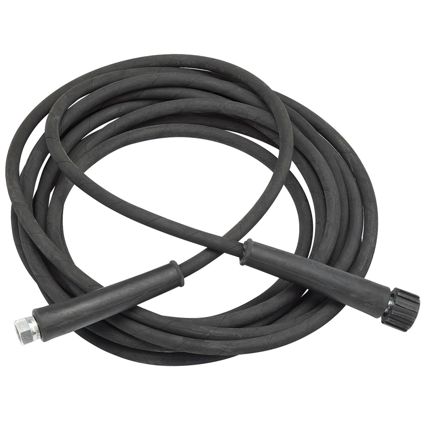 A Draper 8M High Pressure Hose For 13754 - AHPW02, a coiled black rubber hose equipped with connectors on both ends, suitable for various fluid or gas transfer applications.