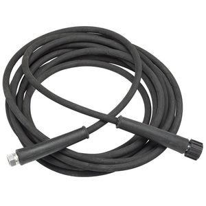 A Draper 8M High Pressure Hose For 13754 - AHPW02, a coiled black rubber hose equipped with connectors on both ends, suitable for various fluid or gas transfer applications.