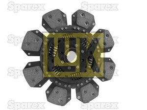 Close-up of a mechanical component featuring multiple dark, angular pads arranged in a circular pattern. At the center, there is a yellow label displaying the text "LUK." The background contains the word "Sparex," indicating details like Splines ID and Disc Size. This appears to be related to the Clutch Plate with Sparex Part Number S.145973.