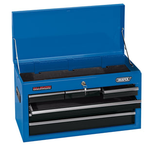 The Draper Tool Chest, 6 Drawer, 26", Blue - TC6D by Draper is a blue metal tool chest with an open lid, featuring multiple drawers on ball-bearing runners and a central locking system.