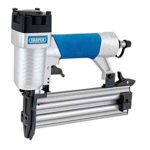 The Draper Air Nailer, 10 - 50mm - DAT-ANK2050, by Draper, is a blue and silver pneumatic brad air nailer featuring a trigger, air hose connector, and safety bump mechanism. It comes with a convenient carrying case for easy transport.