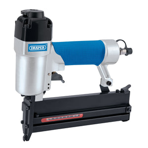 The Draper Air Stapler/Nailer - DAT-ACK1550 from Draper boasts a blue and silver body with a black nail magazine, featuring a safety bump mechanism for enhanced security.