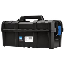 The Draper Plastic Cantilever Toolbox, 454mm - TBCL454 is a versatile black toolbox featuring a handle on top, a unique blue latch on the side, and an innovative design with a convenient padlock hole for added security.