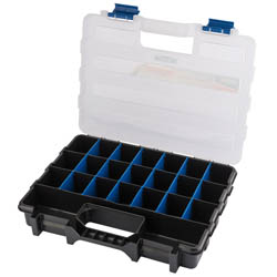 Draper Multi-Compartment Organiser, 12" - QC12P by Draper, featuring a clear lid, blue clasps, and a black base with multiple small compartments for adjustable storage.