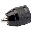 Close-up of the Draper Keyless Metal Chuck Sleeve For Mains And Cordless Drills, 1/2" X 20Unf (13mm Capacity) - APT207, featuring a black, metallic finish with a textured grip and shiny metal jaws, designed for rotary and hammer drills, on a white background.