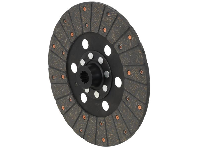 The Clutch Plate (Sparex Part Number: S.147579) from Sparex is a 280mm round, textured automotive clutch disc featuring several circular cutouts and a central spline hub with 10 splines. It is made of organic lining material.