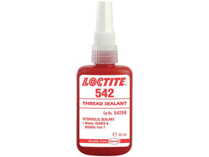 The image shows a 50ml bottle of LOCTITE® 542 Thread Sealant (Sparex Part Number: S.14759). The red bottle features a white label with red text and a white cap. It is identified as a hydraulic adhesive meeting BS6920 and BS5956: Part 7 standards, under the Sparex brand.

