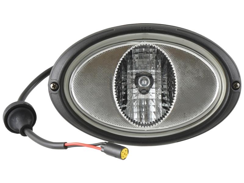 Introducing the Sparex Work Light (Halogen), an oval-shaped light with a robust black plastic border and an attached electrical cable featuring a yellow connector. It is rated IP66 for superior dust and water resistance, providing reliable performance in challenging environments. Model RH, 12V fitting aligns with 84254566 | Sparex Part Number: S.147638.