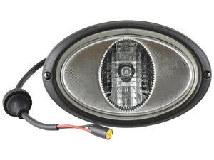 Introducing the Sparex Work Light (Halogen), an oval-shaped light with a robust black plastic border and an attached electrical cable featuring a yellow connector. It is rated IP66 for superior dust and water resistance, providing reliable performance in challenging environments. Model RH, 12V fitting aligns with 84254566 | Sparex Part Number: S.147638.