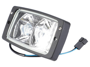 The Sparex Work Light (Halogen), Rectangular, RH, 12V with Sparex Part Number S.147673 features a black frame, houses a durable halogen bulb, and carries an IP5K4K rating with wiring attached.