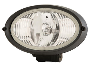 The Sparex Work Light (Halogen), Oval, RH & LH, 12V (Sparex Part Number: S.147686) is an oval-shaped outdoor wall light fixture featuring a clear glass cover, a black frame, and a halogen light.