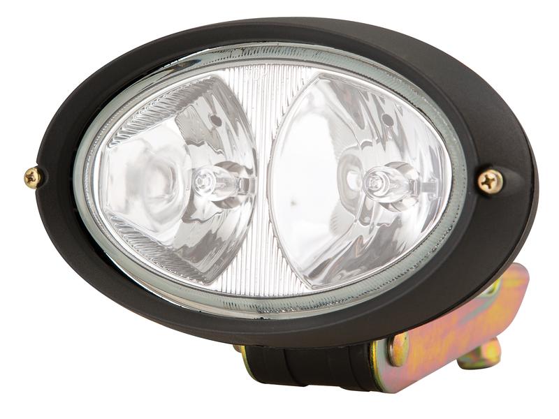 The Sparex Work Light (Halogen), part number S.147688, is an oval-shaped vehicle headlight with a black border and dual Halogen bulbs, mounted on a metal bracket. This versatile 12V light is ideal for those needing an effective worklight solution for both right-hand and left-hand applications.