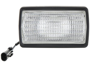 A versatile Sparex Work Light (Halogen) for both right-hand and left-hand use, featuring a clear, textured surface encased in a black rectangular frame. It connects via a single wire with a plug and boasts an IP55 rating for durability in various conditions. Part Number: S.147713, 12V.