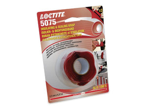 Package of LOCTITE® SI 5075 Self-fusing silicone rubber wrap (Sparex Part Number: S.147777) from Sparex. The product is 2.5 cm wide and 4.27 m long, with a temperature range of -54°C to 260°C. The package includes usage instructions, images, and the Tariff Code: 3919908099.