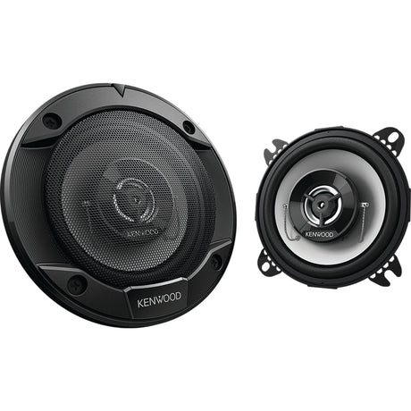 A pair of JMCE *SPECIAL PRICE* 10cm Flush Mount Speakers - S.147876 featuring a round design and black casing, boasting 220W Peak Power. One speaker showcases a mesh grille and includes a 10cm Polypropylene Woofer for superior sound quality.