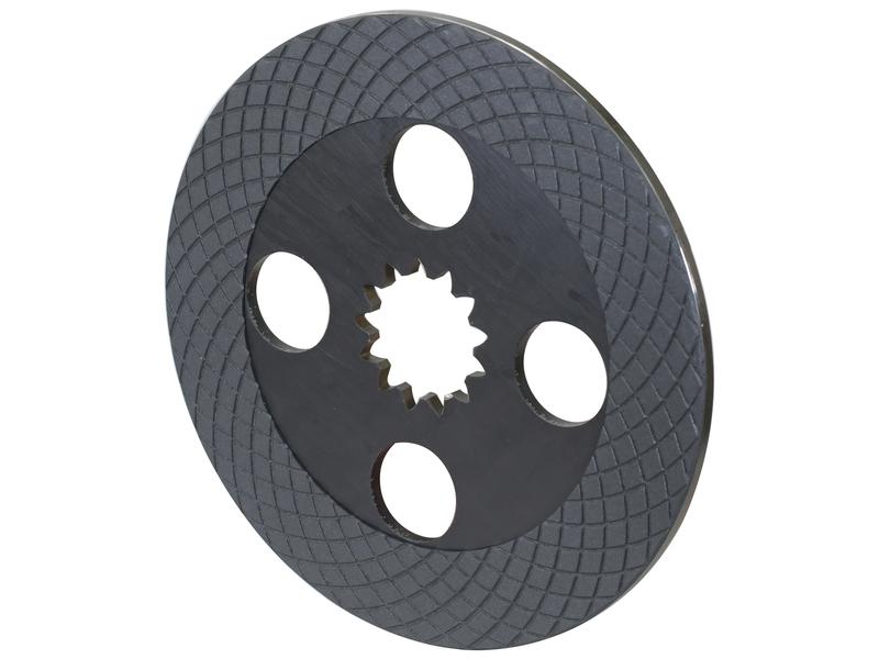 The Brake Friction Disc (OD 260mm), identified by Sparex Part Number S.148070, is commonly used in Sparex machinery. It features five large round holes and a gear-like pattern in the center, with etched crisscross grooves on its surface. The splines are designed to enhance alignment and durability during operation.