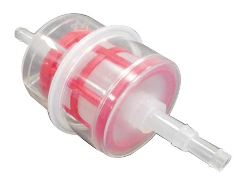 A transparent cylindrical plastic fuel filter with red internal components and two connectors on each end, serving as an alternative to part number 73462, is available as the Fuel Filter - In Line (Sparex Part Number: S.148228) from the brand Sparex.