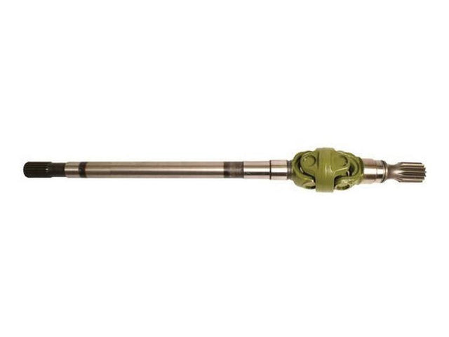 Image of the Sparex Axle Shaft Assembly (Part No. S.148319) featuring a metal shaft with a green U-joint in the middle, reminiscent of John Deere machinery.