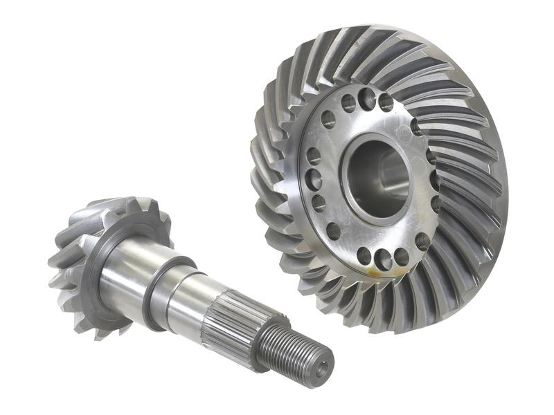 The Crown Wheel and Pinion set (Sparex Part Number: S.148448) by Sparex features two metal spiral bevel gears with complex teeth design—one larger gear with several holes and a smaller gear equipped with a threaded shaft—displayed against a plain background.