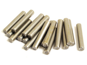 A random arrangement of Sparex Needle Bearings (10) | Sparex Part Number: S.148935, cylindrical metal rods with rounded ends, set against a white background.