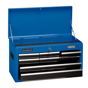 A blue 26" Draper Tool Chest, model TC8D, with an open lid revealing multiple drawers of varying sizes labeled "Draper," features a ball bearing runner locking system.