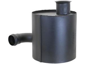 The Sparex Silencer - Underhood (Sparex Part Number: S.149361) is a cylindrical black metal exhaust muffler with welded seams, featuring an inlet pipe on its side and an outlet pipe on top, all coated in heat-resistant paint.