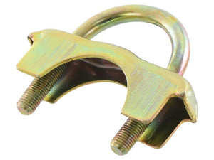 A gold-colored U-bolt clamp with two bolts extending from a U-shaped bracket is shown, ideal for various applications and identified as the "Silencer Clamp - Ø: 50mm" under Sparex part number S.149366.