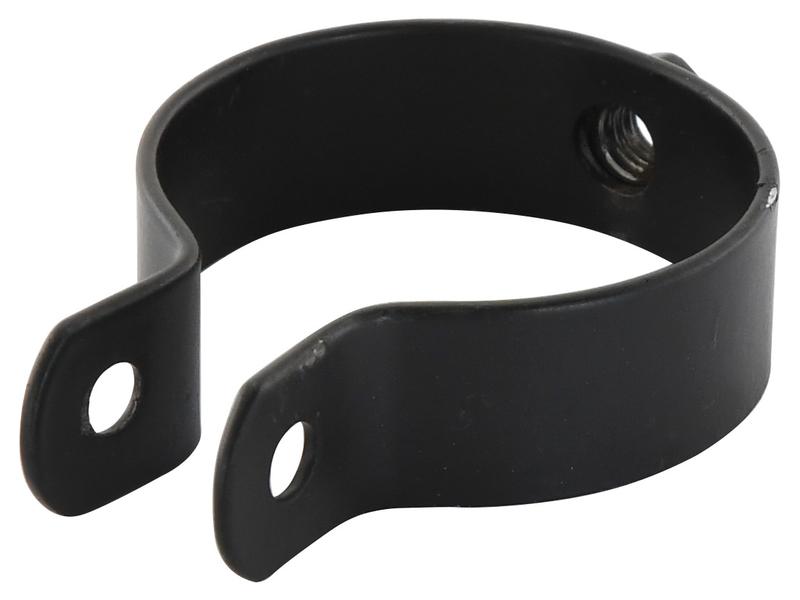 A black metal silencer clamp with two attachment holes on either end, measuring 50mm in diameter and compatible with Sparex products, identified by the part number S.149377 from the Sparex brand.