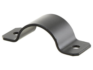 The Sparex Silencer Clamp (Sparex Part Number: S.149378) is a black metal clamp with a 50mm diameter, featuring two screw holes on each flat end, designed to secure a pipe or tube in place.