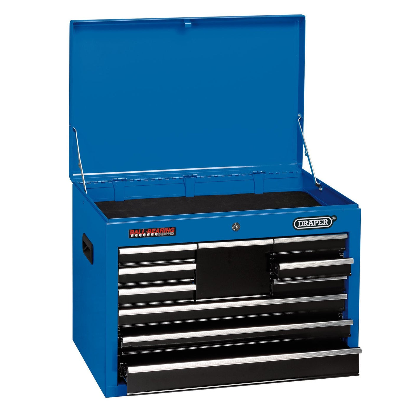 The Draper Tool Chest, 10 Drawer, 26", Blue - TC10D by Draper features an open lid design with multiple drawers for convenient storage. The top compartment is visible and includes two side handles. This tool chest boasts a secure integral locking system and ball bearing runners for smooth operation.