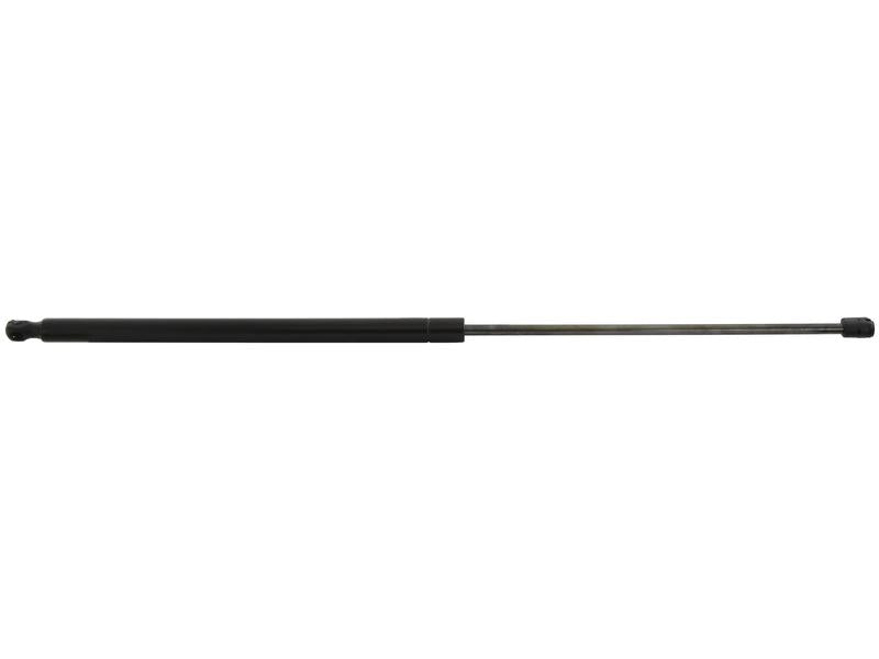 The Sparex Gas Strut (S.149505) in black and silver, with a total length of 761mm, features a cylindrical body and an extended piston rod with a ball socket connection. It is commonly used for lifting and supporting objects such as car hoods or trunks.