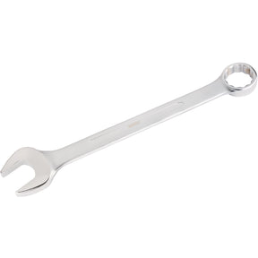 The Draper Heavy Duty Long Pattern Metric Combination Spanner, 80mm - 8220MM, crafted from durable chrome vanadium steel and plated in chrome to meet DIN3113 Specifications, features both an open-end and a box-end.