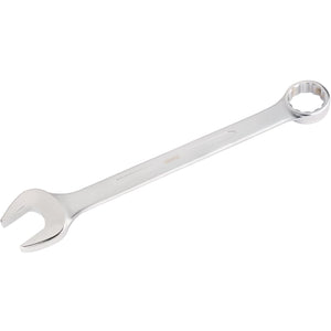 The Draper Heavy Duty Long Pattern Metric Combination Spanner, 80mm - 8220MM, crafted from durable chrome vanadium steel and plated in chrome to meet DIN3113 Specifications, features both an open-end and a box-end.