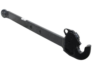 The Lower Link Lift Arm from Sparex, known by part number S.149638, is an industrial-grade black steel lifting arm featuring a 25.5mm ball end fitting and a Q.R. Hook Cat 2 at one end, with a pivoting joint at the other, designed for heavy load handling.