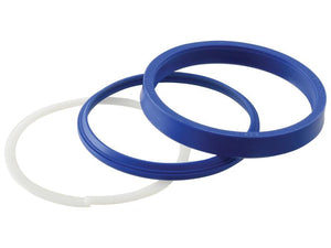 Three circular sealing rings, one white and two blue, placed overlapping each other on a white background—perfect for Lift Ram applications in Ford/New Holland or Case IH/International Harvester machinery. The product is the Seal Kit (Lift Ram) by Sparex, Part No. S.149644.