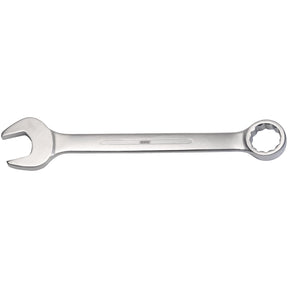 Introducing the Draper Heavy Duty Long Pattern Metric Combination Spanner, 100mm - 8220MM, a metal wrench featuring an open-end on one side and a polished ring end box-end on the other. Crafted from durable chrome vanadium steel and meeting DIN3113 Specifications, this tool is built to last.