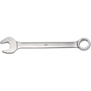 Introducing the Draper Heavy Duty Long Pattern Metric Combination Spanner, 100mm - 8220MM, a metal wrench featuring an open-end on one side and a polished ring end box-end on the other. Crafted from durable chrome vanadium steel and meeting DIN3113 Specifications, this tool is built to last.