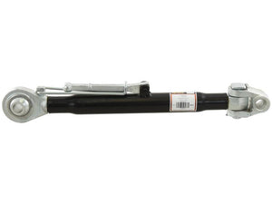 Close-up of a Sparex Top Link Heavy Duty hydraulic cylinder featuring spherical rod-ends on both sides, a robust black central body, and a label with text. Ideal for tractor implements, this 28mm component ensures reliable performance in demanding applications. For reference, it corresponds to Sparex Part Number S.149696 and features M36x3 threads with a minimum length of 645mm.