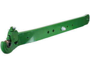 A green, metal Sparex Lower Link Lift Arm - Ball Ø 28mm - Q.R. Hook Cat 2 - LH (Sparex Part Number: S.150062) featuring several holes and bolts, and a hook-like end.