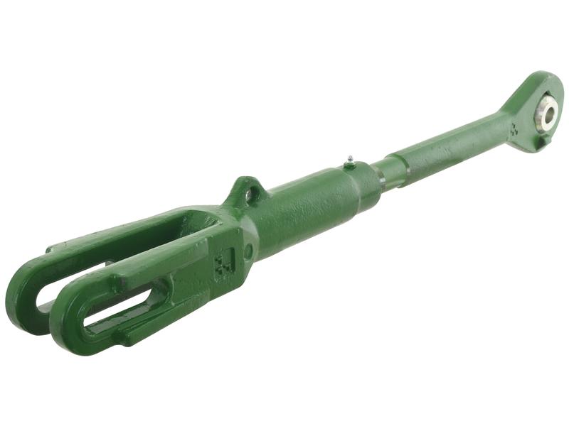 The Sparex Levelling Box Assembly (Part Number: S.150080) is a green metal agricultural implement component featuring a cylindrical base and forked end, designed with optimal end fittings including a ball Ø20mm and fork hole Ø22x79mm, with a minimum length of 735mm and M30x3 metric threading.